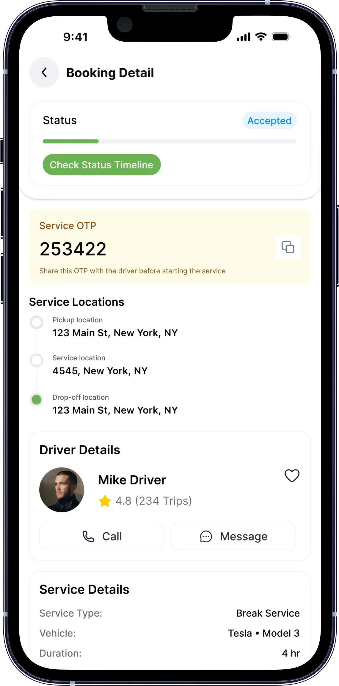 Car Caddy customer app screen for booking vehicle service pickup