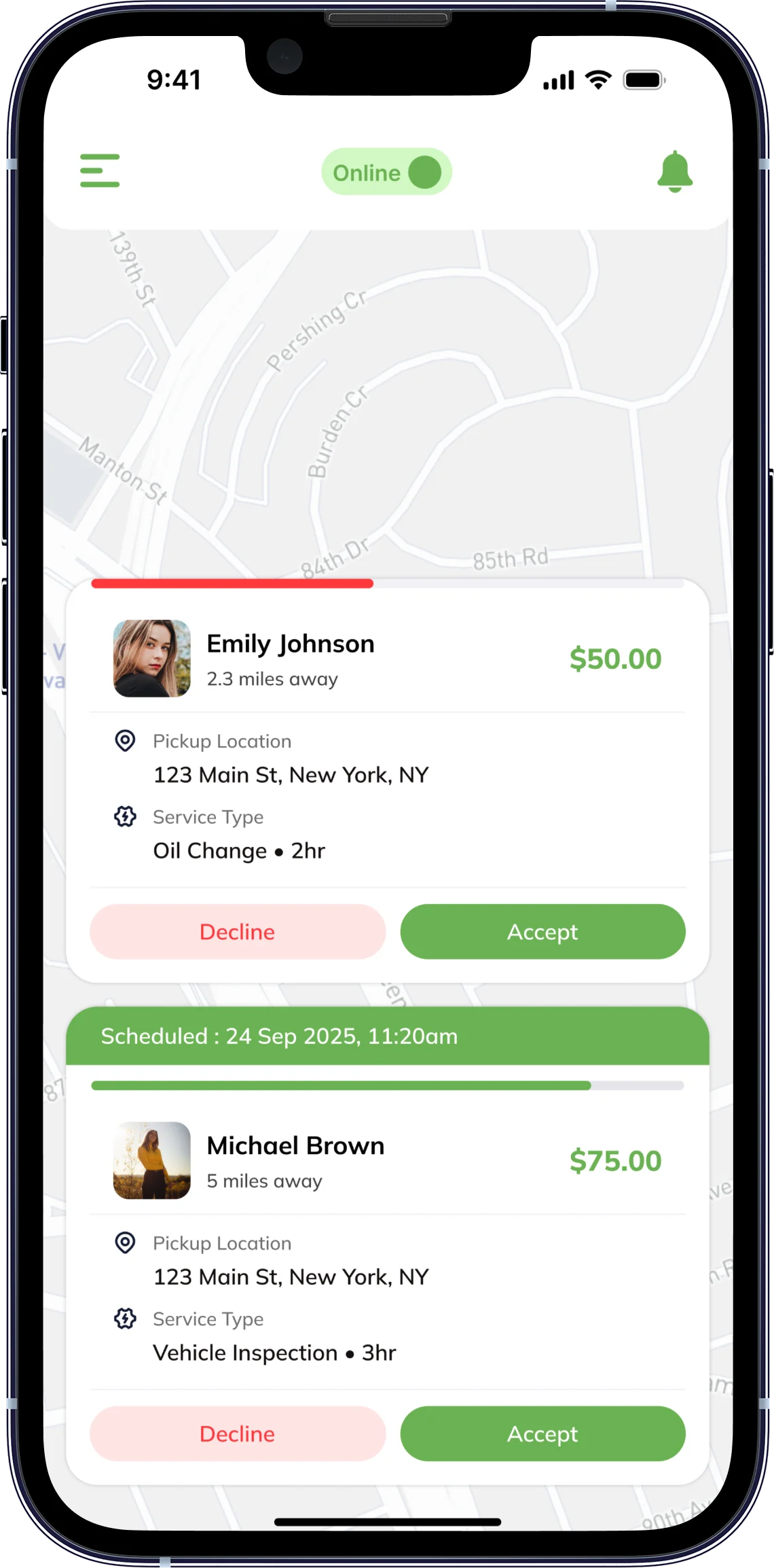 Car Caddy driver app screen for managing pickup and delivery service tasks