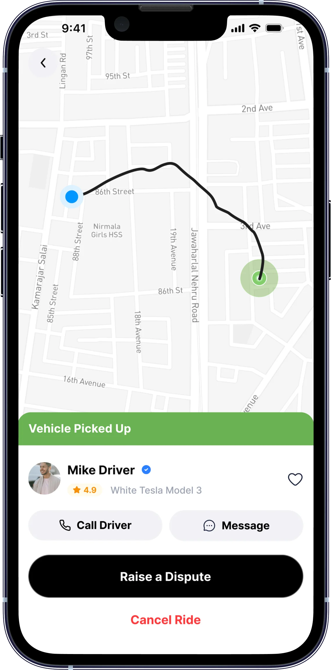 Car Caddy app screen showing vehicle service booking and live pickup tracking